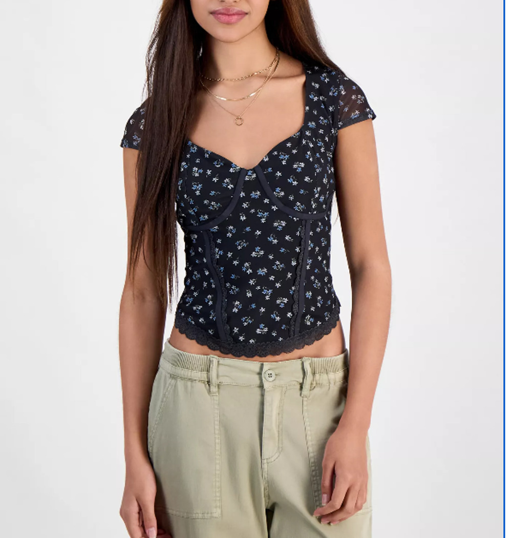 Hippie Rose Juniors' Corset Short-Sleeve Mesh Top Size L
